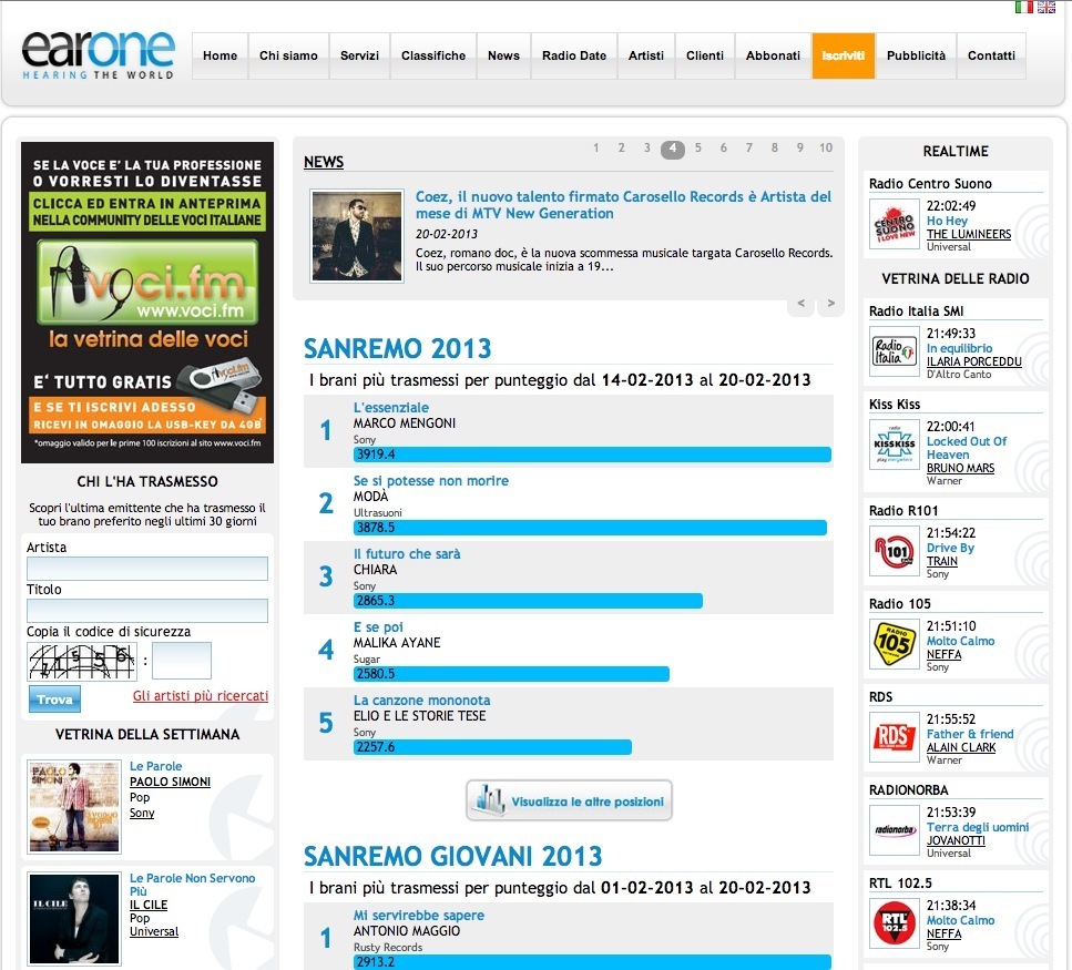 EAR ONE settimana SANREMO 2013 - pagina con banner VOCIFM